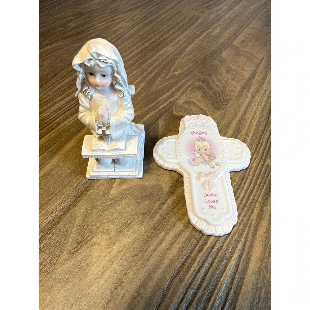 VTG Precious Moments Girl Figurine & Megan Baby Cross Set of 2 Religious